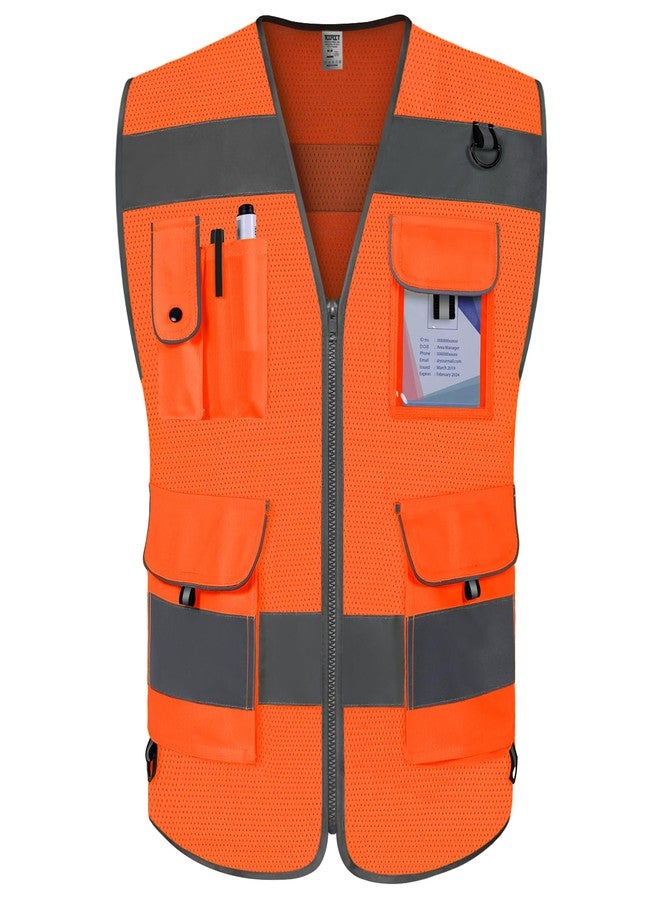 TCCFCCT Mesh Reflective Safety Vest for Men Women 9 Pockets High Visibility Vest with Reinforced Sewing, Hi Vis Security Work Vest for Surveyors, Durable and Breathable, (Orange, XX-Large)